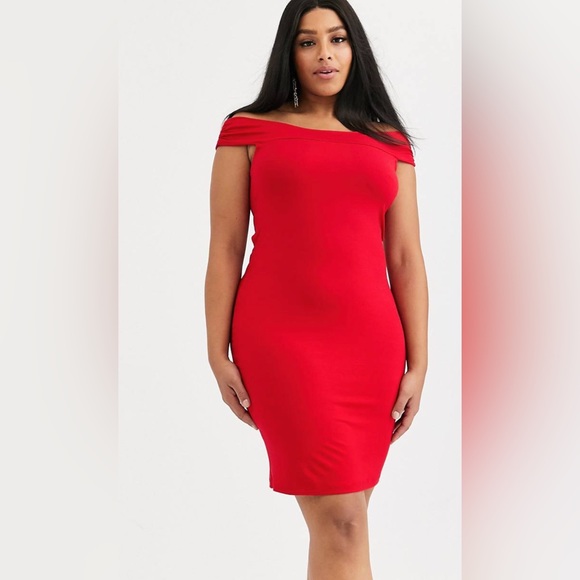 ASOS DESIGN Curve Back Cut Out, Off the Shoulder Red Dress - Picture 2 of 4